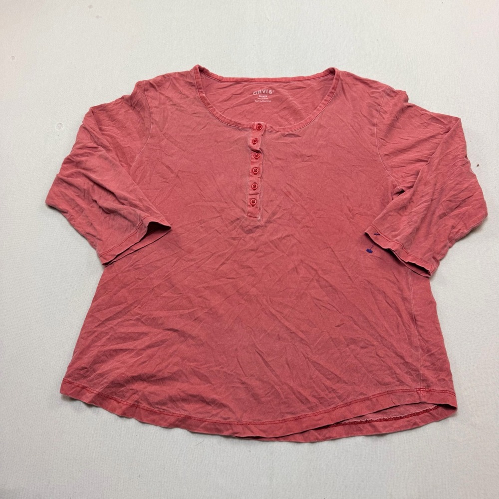 Orvis Henley Top Women Medium Red Good 3/4 Sleeve Cotton Button Neck